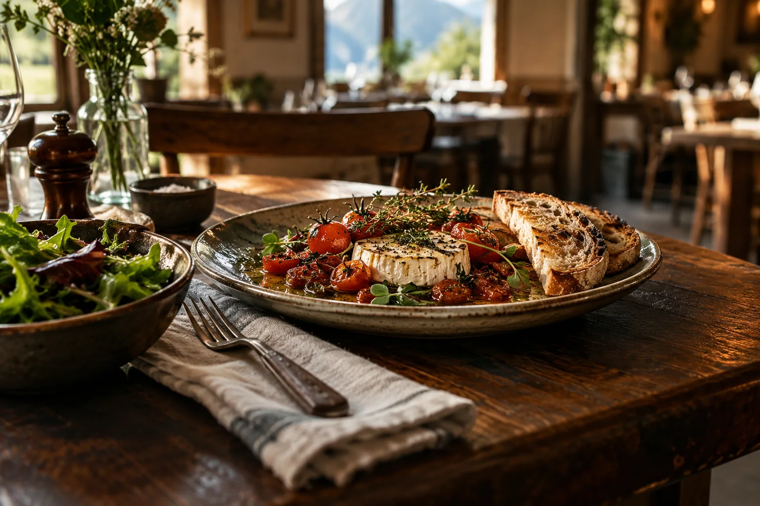 Ambiance culinaire illustrative : plat de saison et table en bois dans un bistrot
